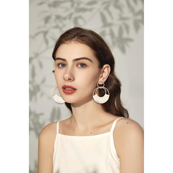 Handmade Raffia Hoop Earrings - Lightweight Boho Summer Beach Jewelry - Picture 7 of 7